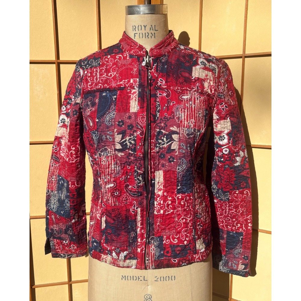 Red Patchwork Quilted Jacket Reversible Americana Paisley Christopher Banks M
